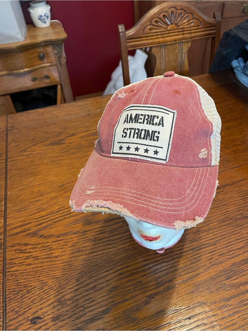 Distressed Red 'America Strong' Mesh Back Baseball Cap